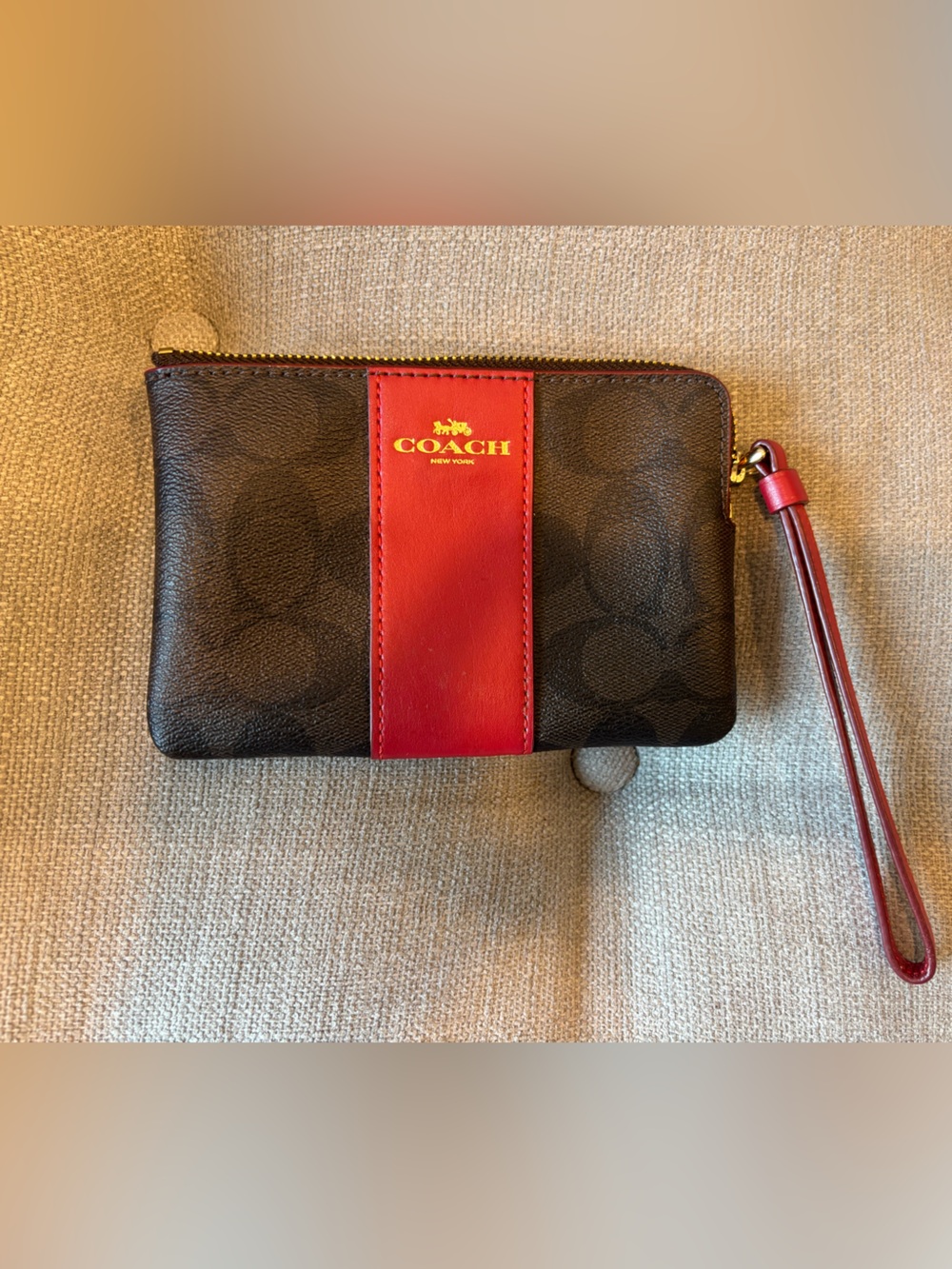 Coach Brown Signature Wristlet with Red Leather Accent